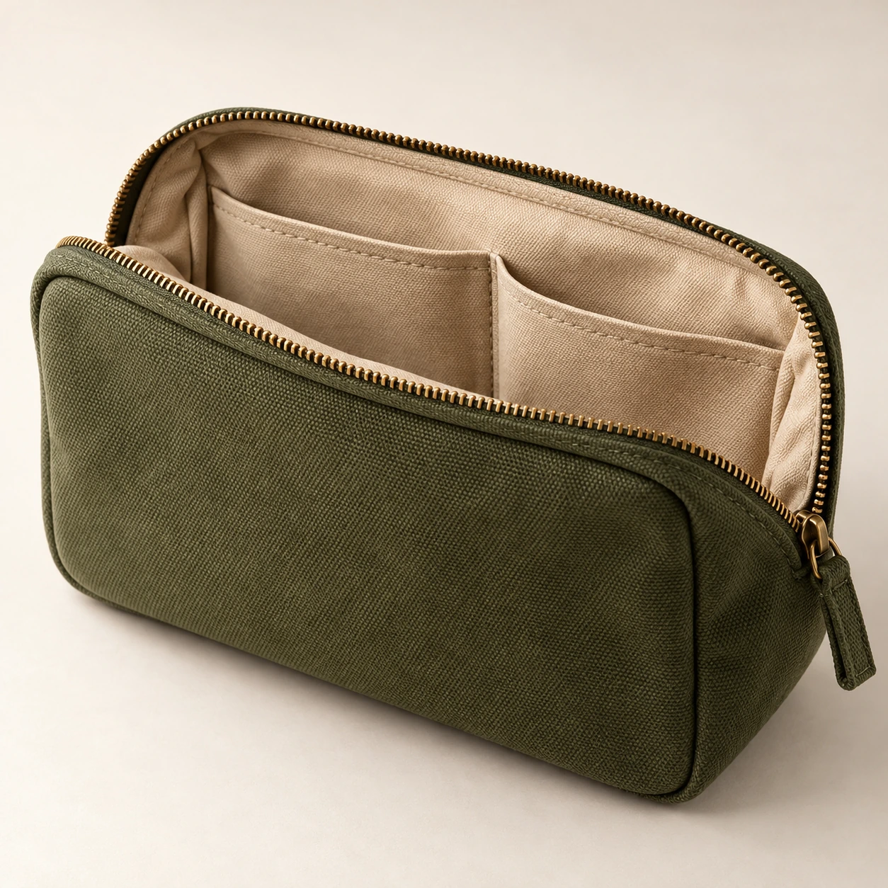 Additional studio-style concept of the same olive canvas organiser showing fabric texture, stitching and interior pockets